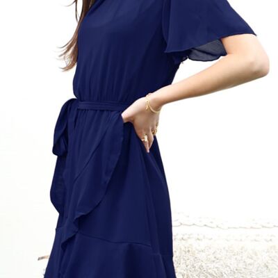 Kleid mit plissiertem Ausschnitt und überlappendem Saum – Marineblau
