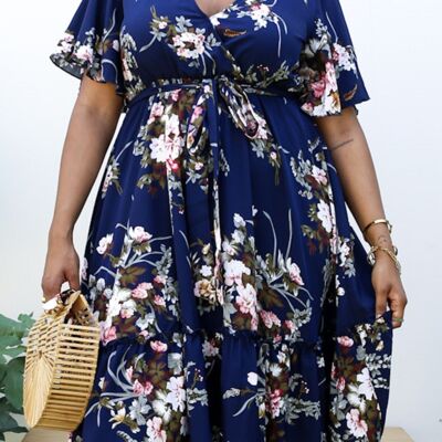 Plus Size V Neck Floral Print Flowy Navy Maxi Dress-Navy