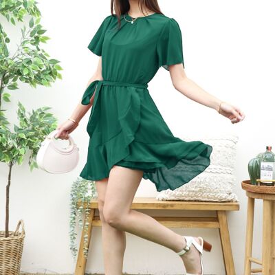 Kleid mit plissiertem Ausschnitt und überlappendem Saum – Grün