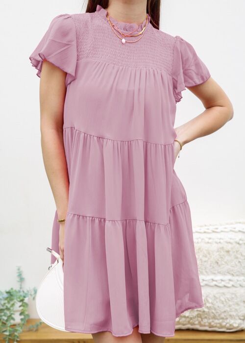 Shirred High Neck Tiered Dress-Pink
