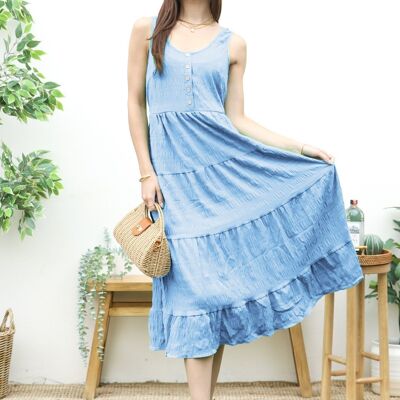 Strukturiertes Kleid mit U-Ausschnitt – Blau