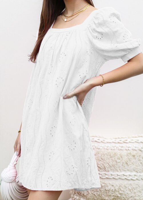 Square Neck Eyelet Dress-White
