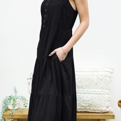 Kleid mit plissiertem Detail und quadratischem Ausschnitt – Schwarz