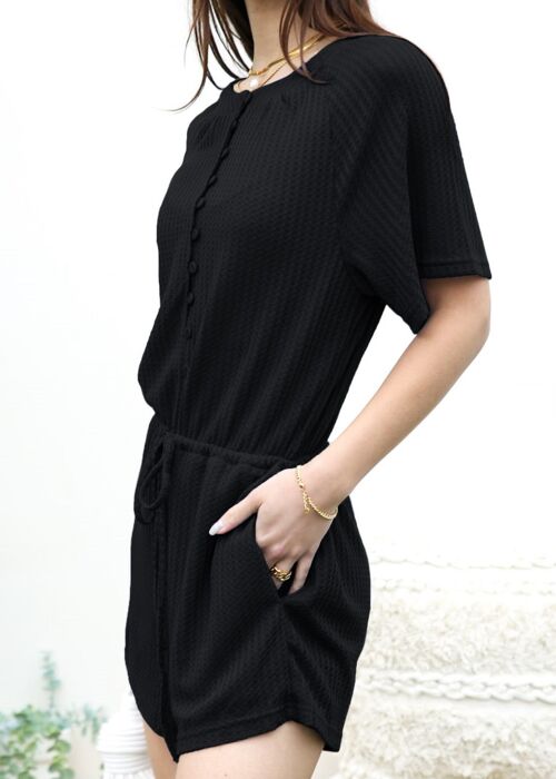 Textured Button Detail Romper-Black