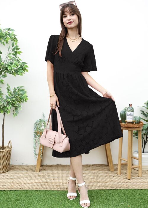 Floral Lace Midi Dress-Black