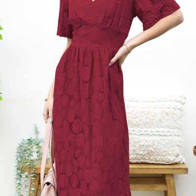 Floral Lace Midi Dress-Burgundy