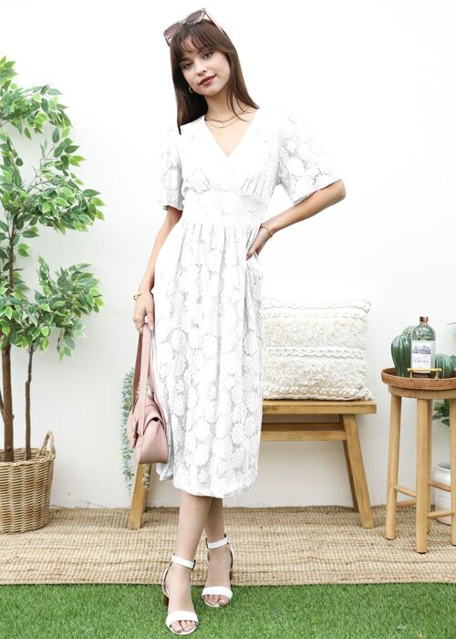 Floral Lace Midi Dress-White
