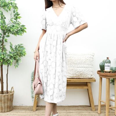 Vestido midi de encaje floral-Blanco