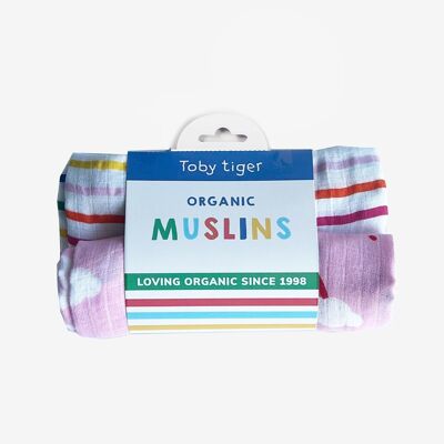 Organic cotton muslin cloth 2 pack with rainbow and dove pattern