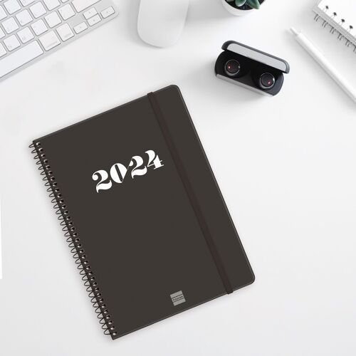 Finocam - Agenda Espiral My 2024 Semainier Horizontal Janvier 2024 - Décembre 2024 (12 mois) Noir Français