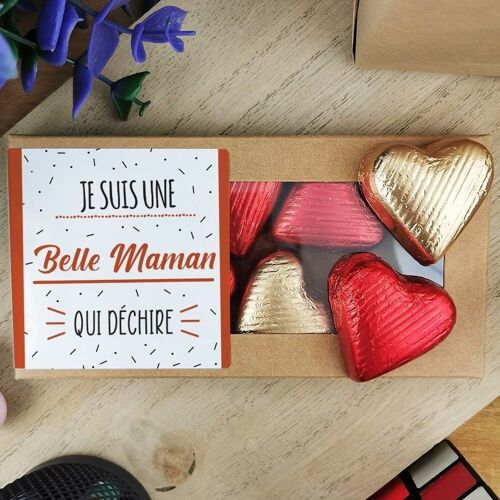 Cœurs au chocolat au lait et chocolat noir praliné x8 "Je suis une belle maman qui déchire"  - cadeau belle mère