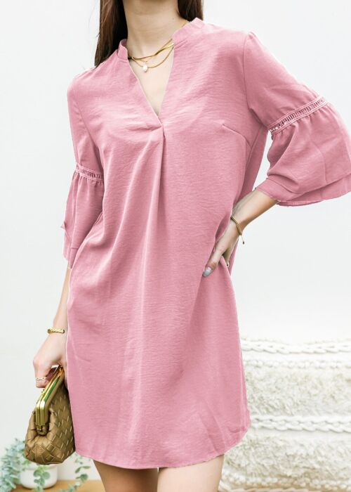 Pleated V Neck Straight Dress-Pink