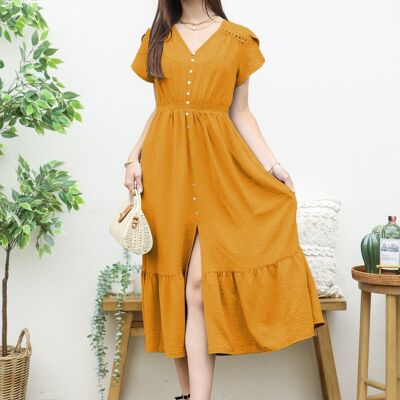 Vestido con dobladillo con volantes y manga tulipán-Amarillo