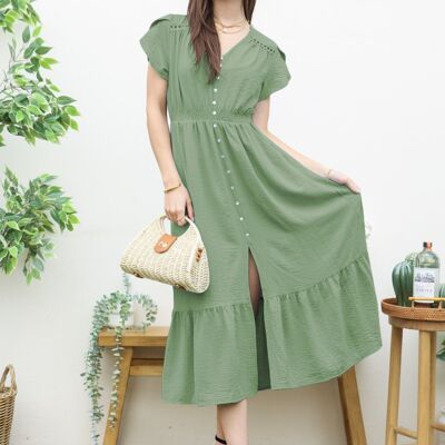 Robe à manches tulipe et ourlet à volants-Vert