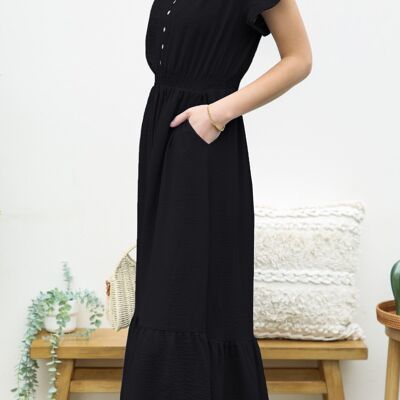 Vestido con dobladillo con volantes y manga tulipán-Negro