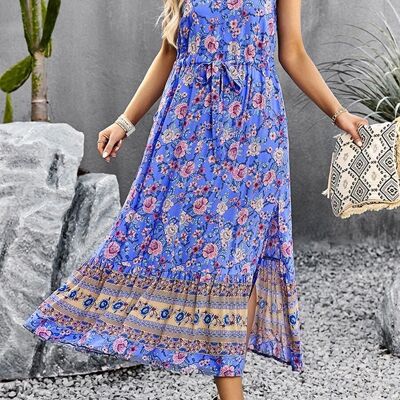 V Neck Floral Bohemian Dress-Purple