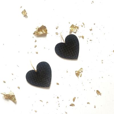 Boucles d’oreilles cœur en cuir noir, gris anthracite à motifs argentés - modèle BIG LOVE
