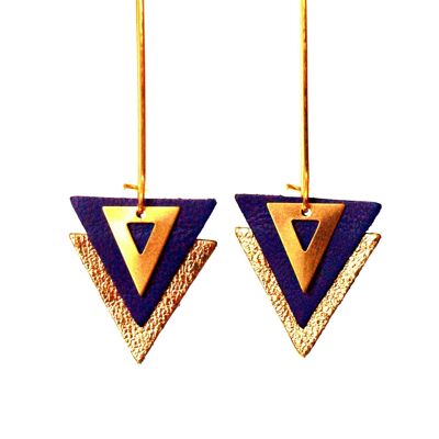 Blue and gold leather earrings, navy blue leather and brass triangles on large sleepers - PIAMA model