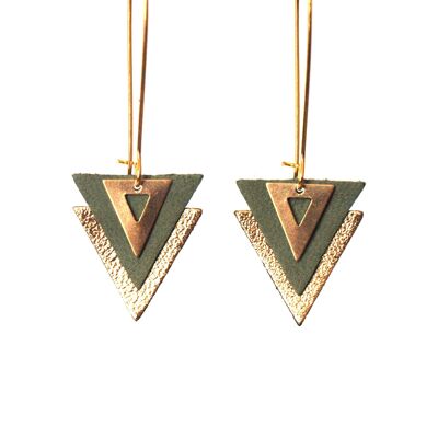 Leather earrings with khaki green and gold triangles, large sleepers in golden brass - geometric graphic jewel - PIAMA model