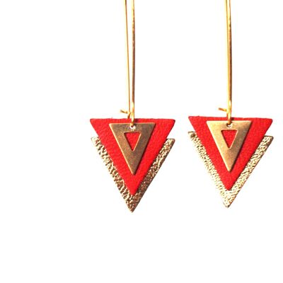 Red and gold leather earrings, leather and brass triangles on large sleepers - geometric graphic jewel - PIAMA model