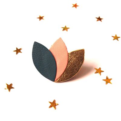 Leather brooch, flower shape, leaves, duck blue, pink and gold leather petals - women's gift - Mother's Day