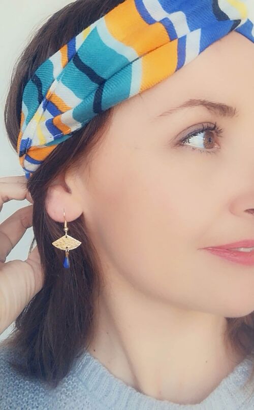 Boucles d'oreilles éventail doré - boucles d'oreilles discrètes - modèle EVA bleu roi