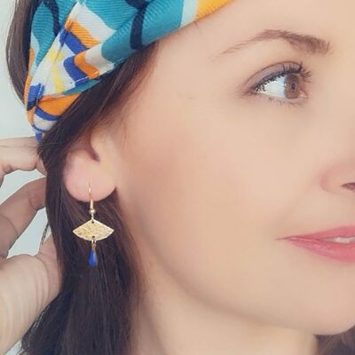 Golden fan earrings - discreet earrings - royal blue EVA model