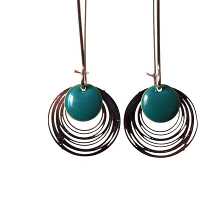 Dark turquoise blue and silver enameled sequin earrings - long minimalist and clean design earrings