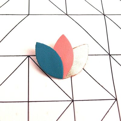 Leather brooch, flower shape, leaves, petals of turquoise, Indian pink and rose gold