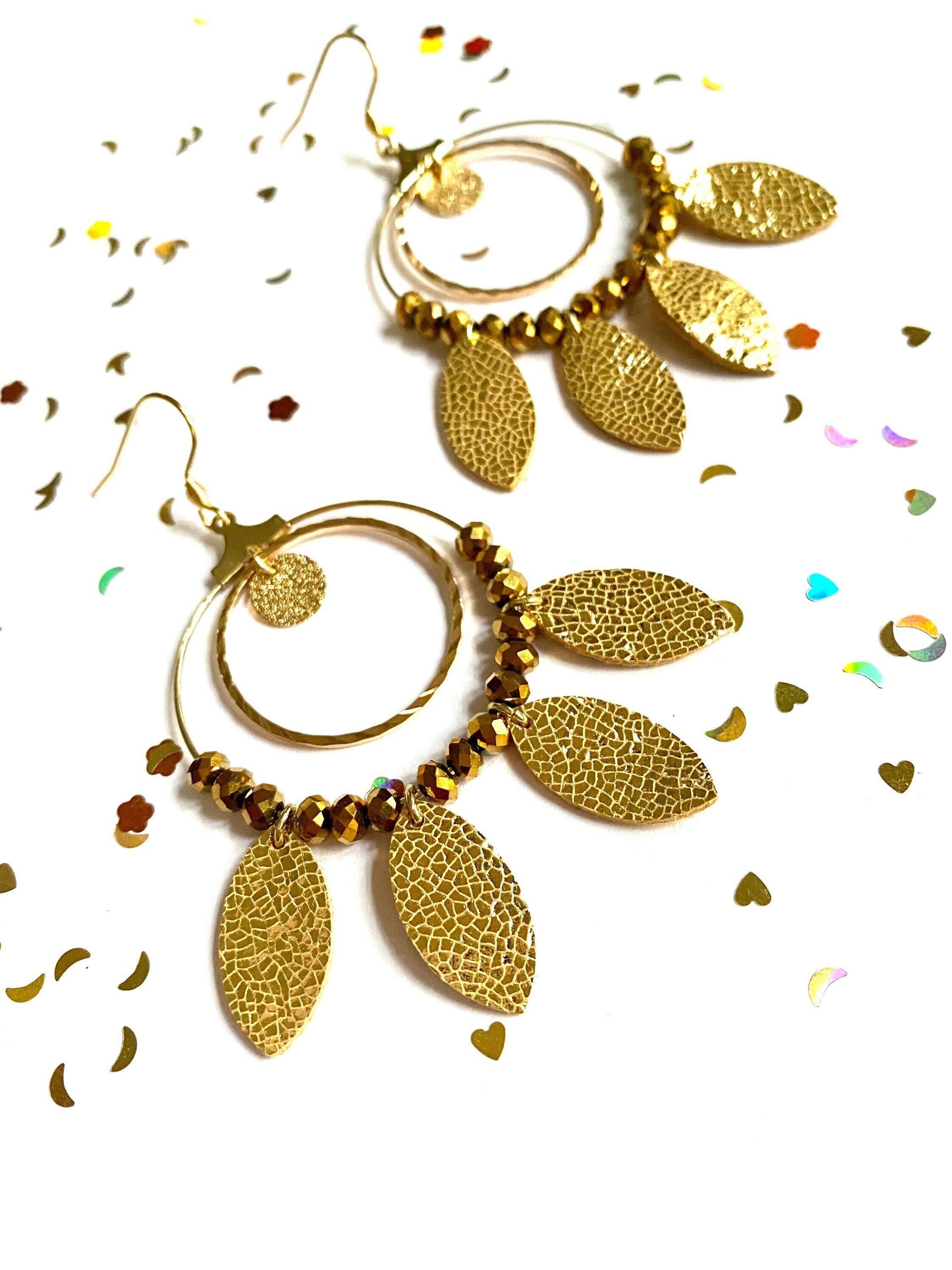 Bohemian hoop earrings in gold leather and stainless steel