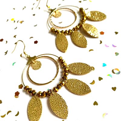 Bohemian hoop earrings in gold leather and stainless steel