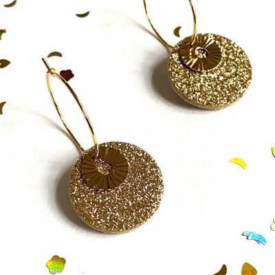 Hoop earrings with golden glitter in stainless steel cork and leather
