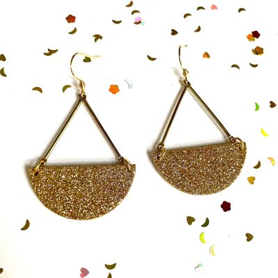 Graphic golden leather earrings with sequins in cork leather and stainless steel