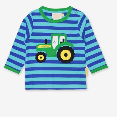 Camiseta de bebé de manga larga a rayas de algodón orgánico con aplique tractor