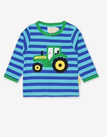 Chemise bébé à manches longues, rayée en coton biologique avec appliqué tracteur