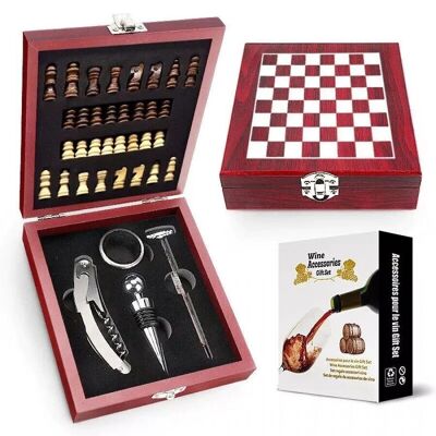 Set of 2 in 1 wooden case with wine ​and chess accessories MB-2742
