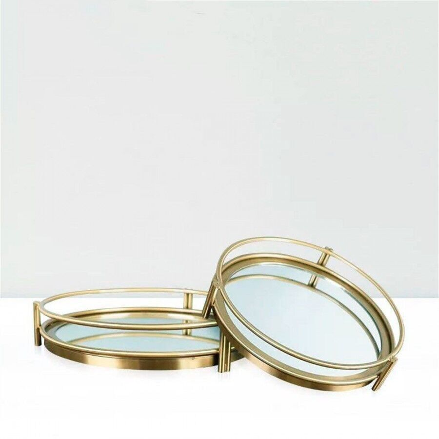 Juego de 2 bandejas de servicio redondas de metal con espejo 36,5x6,5cm / 31,5x6,5cm DF-603