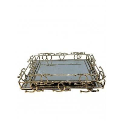 Set of 2 metal serving trays with mirror and gold elements DF-612
