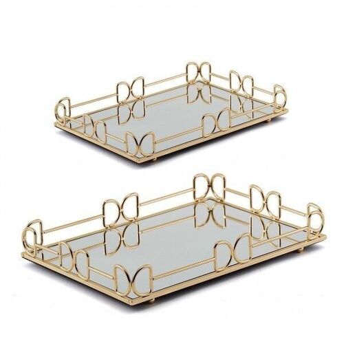 Set of 2 metal serving trays with mirror and gold elements DF-613
