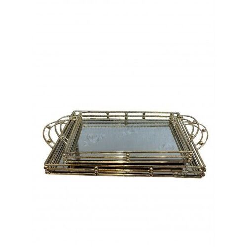 Set of 2 metal serving trays with mirror and gold elements DF-614