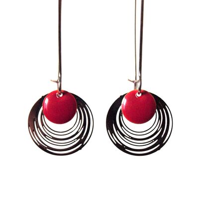 Garnet red and silver enameled sequin earrings