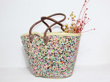 Panier Feuilles de Palmier à Paillettes Multicolores, Anses en Cuir 1