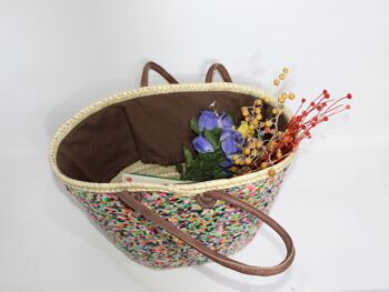 Panier Feuilles de Palmier à Paillettes Multicolores, Anses en Cuir 8