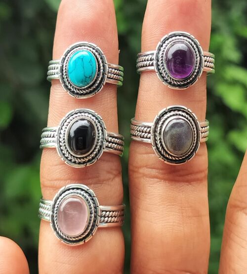 Pack of 5 Oval Shaped Semi-Precious Gemstones Oxidised 925 Sterling Silver Ring