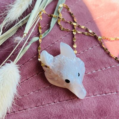 Cherry Blossom Agate Wolf Head Necklace