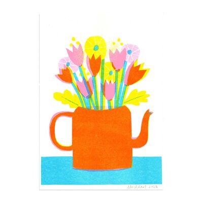 A4 Teekanne Blumen Risograph Kunstdruck