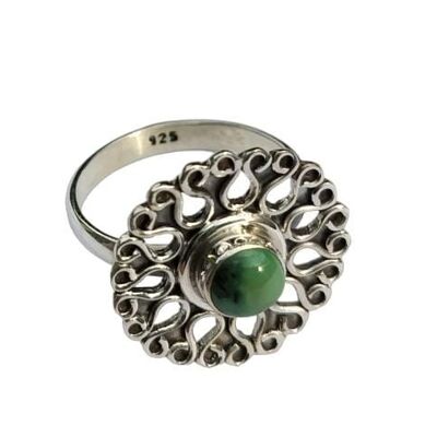 Bague faite à la main en argent 925 avec motif de fleur turquoise verte naturelle