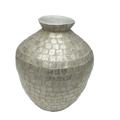 VASE BAMBOU NACRE 30X30X36 FEUILLES BLANCHES NATURELLES LD205416