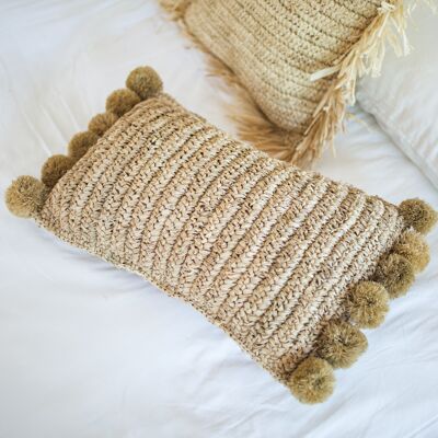 50x30 cm raffia cushion with filling | Decorative pillow with bobbles | Sofa cushion SANUR