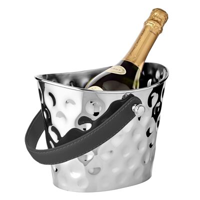 Ice bucket Gilbert (height 17 cm), black leather handle, hammered, brass, shiny nickel-plated*